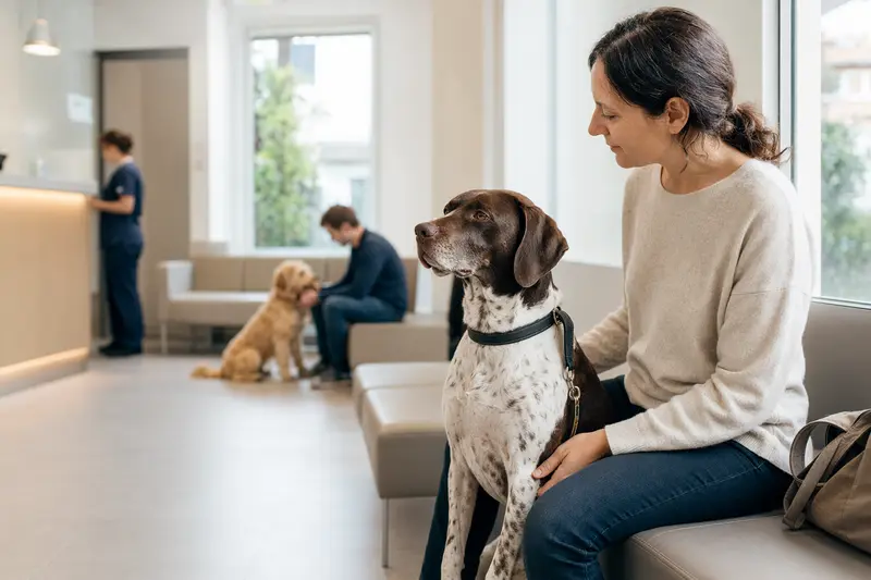 Ein Portugiesischer Pointer sitzt ruhig neben seinem Besitzer im hellen Wartezimmer einer modernen Tierarztpraxis.